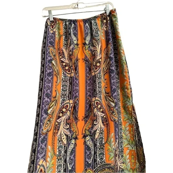 Tyche Maxi Skirt. Floral Paisley Stripes Slits on Sides, Orange, Purple. Large. - Picture 9 of 16
